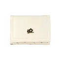 Creamy white tri-fold faux leather mini wallet featuring a black enamel flower buckle - Off White