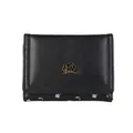 Compact black tri-fold women's wallet featuring a golden floral clasp and floral lining - Black