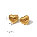 Macro detail of gold plated heart earrings showing relief stripes and size dimensions - Stereo Striped Heart Shape (JC-24314-3-1)