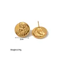 Detailed view of 18k gold plated earrings featuring Virgin Mary embossed texture - Virgin and Child Relief Round (JC-24314-3-5)