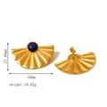 Detailed view of fan-shaped 18k gold plated earrings with royal blue stone inlay - Blue Gemstone Fan Pleated Style (JC-24328-2-4)