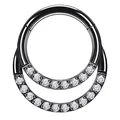 Black stainless steel hinged double row cubic zirconia nose hoop piercing ring - 1.2x8mm / Black