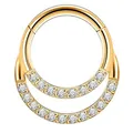 Gold stainless steel nose ring with double layer zircon crystals and clicker closure - 1.2x8mm / Gold