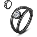 Black 316L stainless steel double stacked hoop ring with a bezel-set cubic zirconia stone - 1.2*8mm / Black