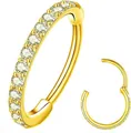 Detail view of gold hinged segment ring with paved zircons for nose or ear piercings - 1.2*8mm / Gold