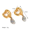 Two-tone heart drop earrings with pearl inlay, 18K gold and silver plating, 3.3cm length - Heart Pearl Two-tone Earrings (JC-250307-1-2)