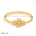 18K gold plated stainless steel floral bangle with hammered texture and 6cm diameter - Leaf Cutout Style (JC-250508-1-6)