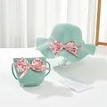 Sommerliches Set aus mintgrünem Strohhut und Tasche mit rosa Blumenschleife für Damen - 52cm / Kinderhut / Grün