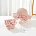Sommer Strohhut und Taschen Set für Mädchen mit rosa Schleife für den Strandurlaub - 52cm / Kinderhut / Rosa