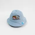 Detail of light blue baby bucket hat with cute cartoon cow embroidery and Happy Cow text - Hat Circumference 48cm (Recommended 1-2 Years) / Blue