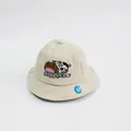 Detail of baby sun hat with cute cartoon cow embroidery and Happy Cow text on beige canvas - Hat Circumference 48cm (Recommended 1-2 Years) / Beige