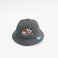 Close-up of cute cartoon cow embroidery and Happy Cow text on dark gray bucket hat - Hat Circumference 48cm (Recommended 1-2 Years) / Dark Gray