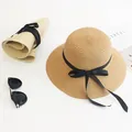 Summer foldable straw sun hat with black ribbon bow and large brim for women - M Adult 58cm / Khaki-Black Ribbon