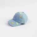 Close-up of light blue cotton baseball cap featuring colorful dinosaur embroidery details - 52cm Adjustable / Blue