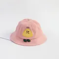 Detail of baby sun hat featuring pink cotton fabric and cute cartoon rice ball embroidery - Medium / Pink