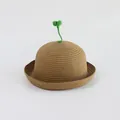 Kinder Strohhut mit süßem grünen Spross Dekor und stylischer Rollkante für den Sommer - Khaki - Spross