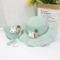 Set de sombrero de paja verde menta para niños con bolso bandolera y parches de conejo - Bolso Individual / Verde claro