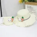 Detail of kids straw sun hat and matching crossbody bag with cute bunny and carrot decor - Size S - Children (52cm) / Single Hat / Rabbit Carrot - Cream White