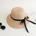 Beige woven straw sun hat for boys featuring a classic black ribbon bow accent - M Adult 58cm / Pink-Black Ribbon