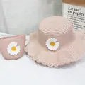 Dettaglio set cappello di paglia rosa e borsa con decorazioni floreali a margherita - Solo Borsa / 12x14cm / Toppa a margherita - Rosa chiaro