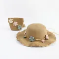 Set cappello di paglia per bambini e borsa coordinata con decorazioni floreali in tessuto - Solo borsa (circa 12x14cm) / Fiore di strass - Cachi