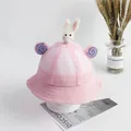 Detail of pink kids bucket hat with mesh top, plush bunny doll and cute spiral 3D ears - 53cm / Pink Rabbit Pink Lollipop
