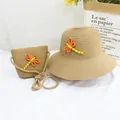 Set cappello di paglia e borsa a tracolla per bambini con libellula arancione - 50-52CM / Solo Cappello / Cachi