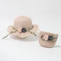 Detailed view of pink straw sun hat and matching floral crossbody bag for girls - Light Pink Small Crossbody Bag (Shuanghuacao)