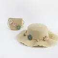 Set cappello di paglia beige per bambini con borsa a tracolla e decorazioni floreali - Solo Borsa / 12x14cm / Fiore di strass - Beige