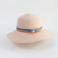 Kids beige straw sun hat with rainbow ribbon band and dome wide brim for summer travel - Pink - Colorful Ribbon Bow