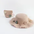 Set cappello di paglia rosa e borsetta per bambini con pizzo floreale e strass - Solo Borsa / 12x14cm / Fiore di Strass - Rosa Chiaro