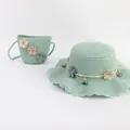Set cappello di paglia verde menta e borsa a tracolla con dettagli floreali - Solo Borsa / 12x14cm / Fiore di Strass - Verde Chiaro