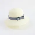 Close-up of finely woven cream straw hat texture and blue striped ribbon bow - S Kids / Milk White - Blue White Ribbon Bow