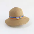 Kids wide brim straw hat with colorful rainbow ribbon and bow for summer sun protection - S Kids / Khaki - Colorful Ribbon Bow