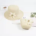 Kids beige straw hat and matching bag set with delicate white flower decorations - Single Bag / Beige