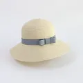 Kids round top straw sun hat with wide brim and blue striped ribbon bow detail - S Kids / Beige - Blue White Ribbon Bow