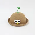 Detailed texture of straw weave featuring cartoon eyes and green sprout decoration - Kids / Khaki - Big Eyes Sprouts