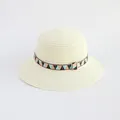 Detailed close-up showing the fine straw weave and geometric patterned strap of the sun hat - Milk White - Triangle Ethnic Style
