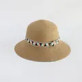 Child sun straw hat with wide brim and geometric patterned ribbon for outdoor activities - S Kids / Khaki - Triangle Ethnic Style