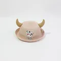 Cappello di paglia estivo per bambini con toppa di mucca e piccole corna - Taglia Bambini / Forma di Mucca / Rosa Chiaro
