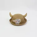 Dettaglio cappello di paglia per bambini con corna gialle e toppa a forma di mucca - Taglia Bambini / Forma di Mucca / Cachi