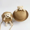 Kids cute bear straw sun hat and matching crossbody bag set in deep khaki finish - Rolled Brim Set / Khaki