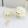 Beigefarbener Strohhut für Kinder und passende Umhängetasche mit Cartoon-Augen - Kinderhut / Milchweiß - Große Augen