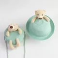 Detail of mint green straw sun hat and matching crossbody bag with cute teddy bear - Rolled Brim Set / Light Blue