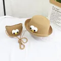 Strohhut und Umhängetasche für Kinder mit lustigem Comic-Augen-Design - Khaki - Große Augen