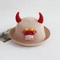 Strohoed voor kinderen met schattige koe-patch en rode hoorns voor zomerse strand - 52cm / Roze-Geluksstier