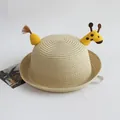 Kids beige straw hat with cute giraffe decoration and windproof strap for summer beach - Giraffe / Beige / One Size