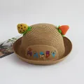 Detail eines Kinderstrohhuts mit Happy-Stickerei und niedlichen 3D-Fruchtakzenten - 52cm / Khaki-Frucht HAPPY