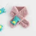 Close-up of pink faux rabbit fur toddler scarf with a 3D blue cartoon crocodile detail - Crocodile Dusty Pink