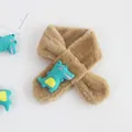 Detail of plush brown dinosaur scarf for kids with soft faux fur texture and green crocodile - Crocodile Khaki